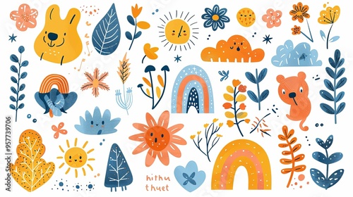 Colorful Hand-Drawn Illustration of Nature Elements and Animals