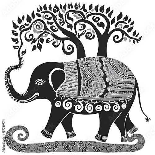Artistic image of an ancient Thai elephant mixed with Indian art.