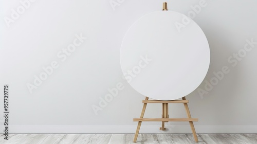 Blank canvas on a wooden easel in a white room with a white wooden floor.