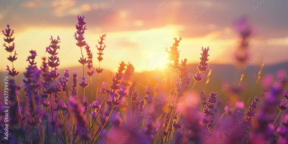 A colorful sunset over a field of lavender in bloom, evoking sensory experiences and natural aromas A colorful sunset over a field of lavender in bloom, evoking sensory experiences and natural aromas