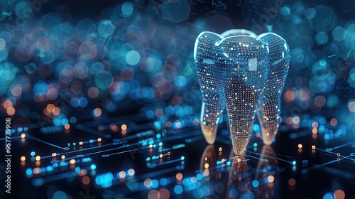 Digital Tooth Surrounded by Binary Code, Symbolizing the Integration of Technology and Dental Health.Teledentistry,Dental AI,AI-generated,digital dentistry concept art,future of dental care image. photo