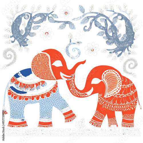 Artistic image of an ancient Thai elephant mixed with Indian art.