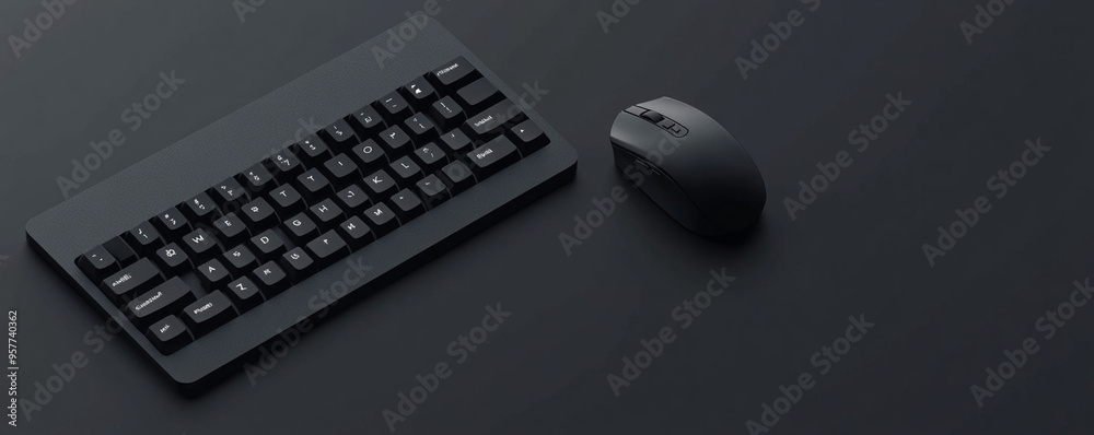 Minimalist gaming keyboard and mouse on dark surface, perfect for sleek setup. Minimalist gaming keyboard and mouse on dark surface, perfect for sleek setup.