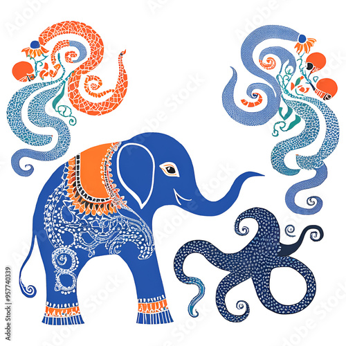 Artistic image of an ancient Thai elephant mixed with Indian art.