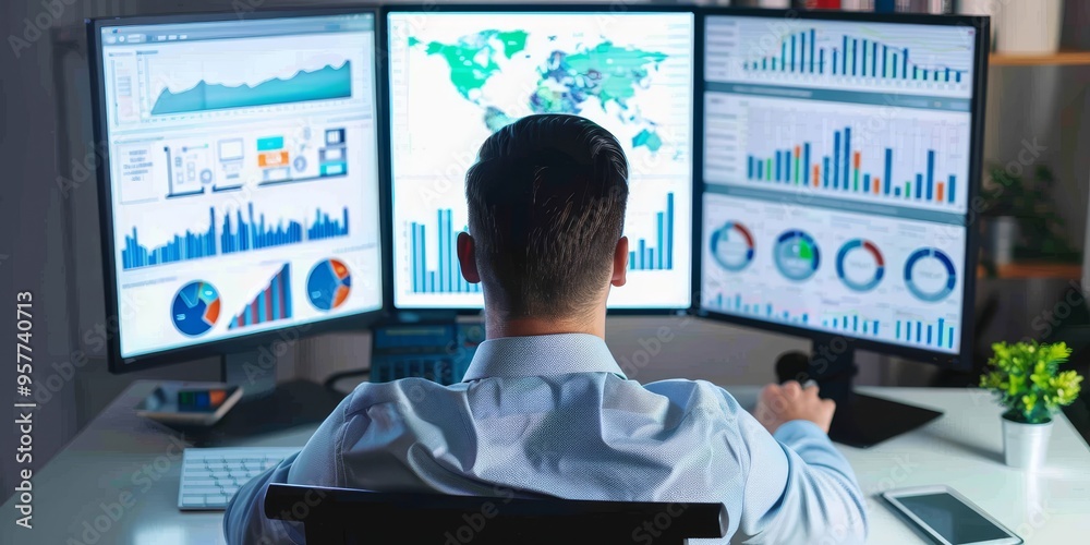 Obraz premium Conceptual image of a web developer analyzing website performance metrics on a digital screen
