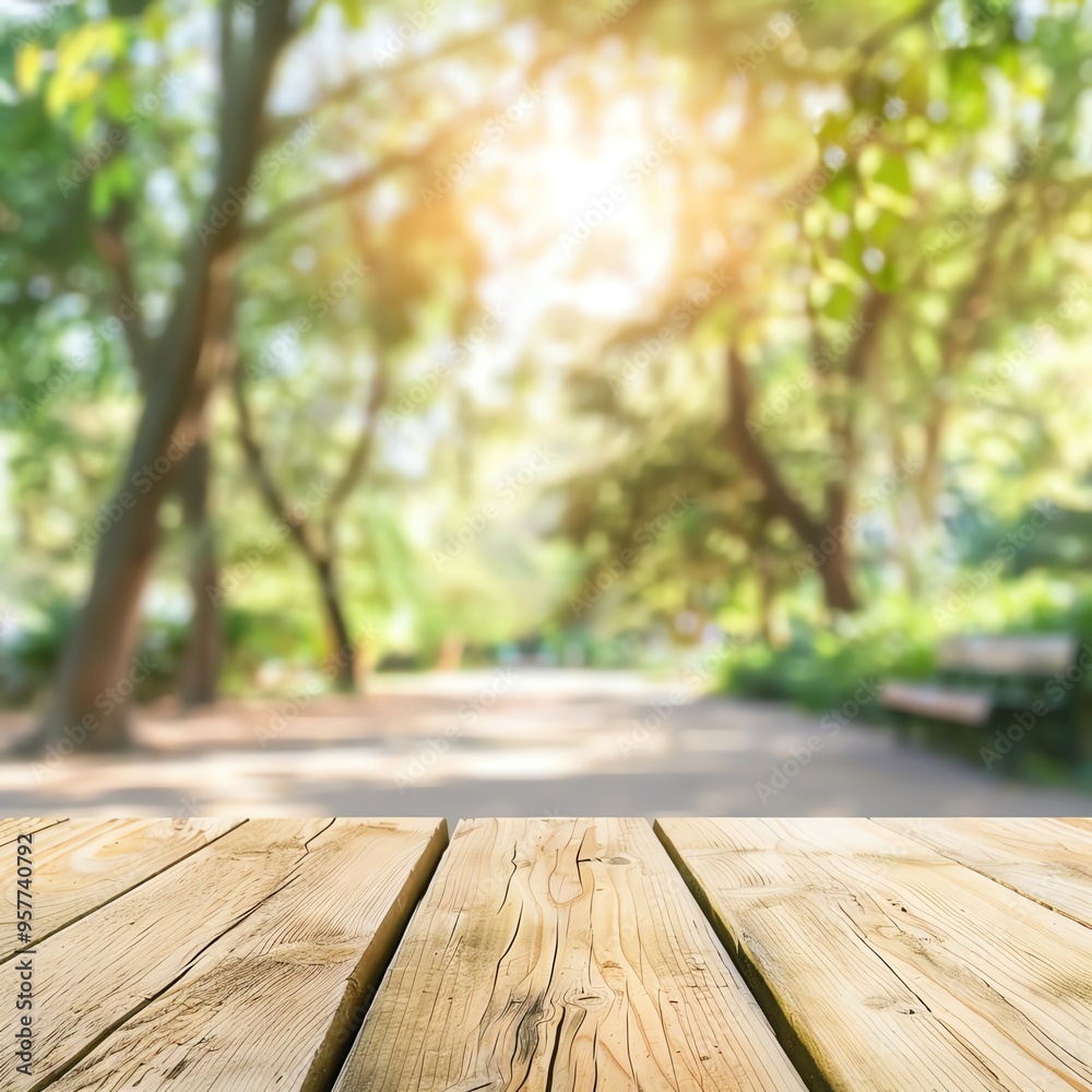 A beautiful wooden table top with a blurred sunny park background, perfect for showcasing products or nature-themed designs. A beautiful wooden table top with a blurred sunny park background, perfect for showcasing products or nature-themed designs.