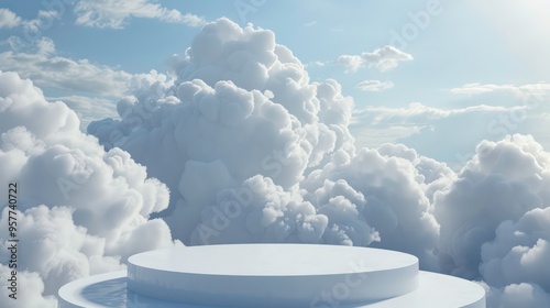 White podium in front of a background of fluffy clouds in a blue sky.