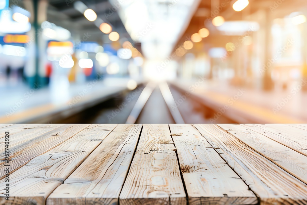 A blurred background of a train station with focus on a wooden table, perfect for showcasing products or announcements. A blurred background of a train station with focus on a wooden table, perfect for showcasing products or announcements.