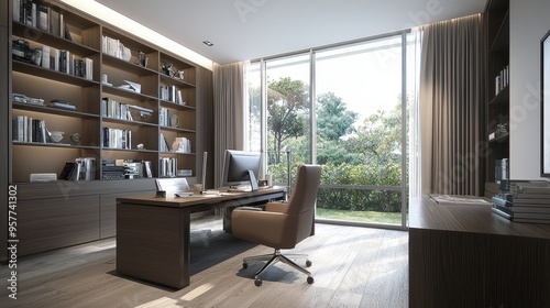 Modern Home Office Interior Design with Large Window and Bookshelf