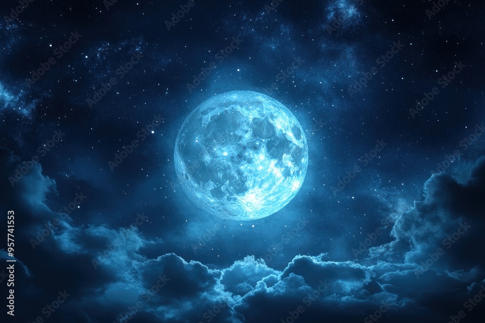 Fototapeta premium Full Moon and Stars Shining Through Cloudy Night Sky