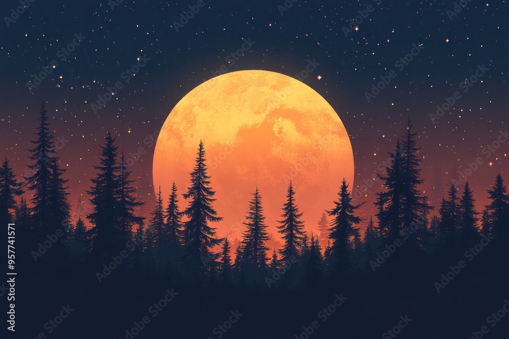 Naklejka premium Silhouetted Pine Trees Against a Large Orange Moon and Starry Night Sky