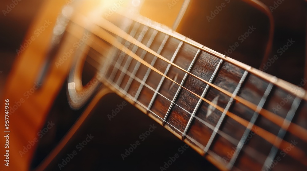 Acoustic Guitar Fretboard Close Up with Sun Flare Acoustic Guitar Fretboard Close Up with Sun Flare