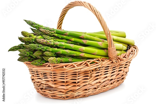 Fresh Asparagus in a basket on white background.