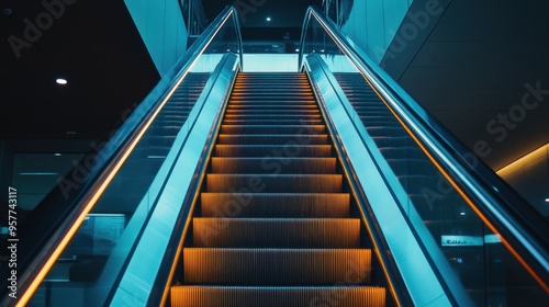 The escalator is lit up with a blue and orange color scheme
