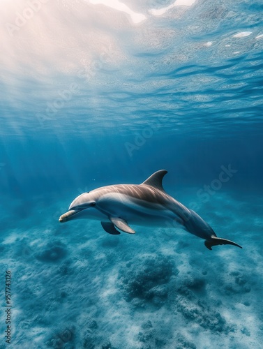 A dolphin is swimming in the ocean