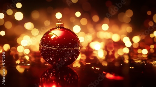 Radiant Reflections: Golden Lights on Red Ornament Sparkle with Realism