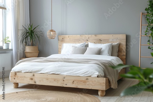 Modern solid pine white wooden bed frame with headboard and footboard in Scandinavian-style bedroom, space for rack on the right.