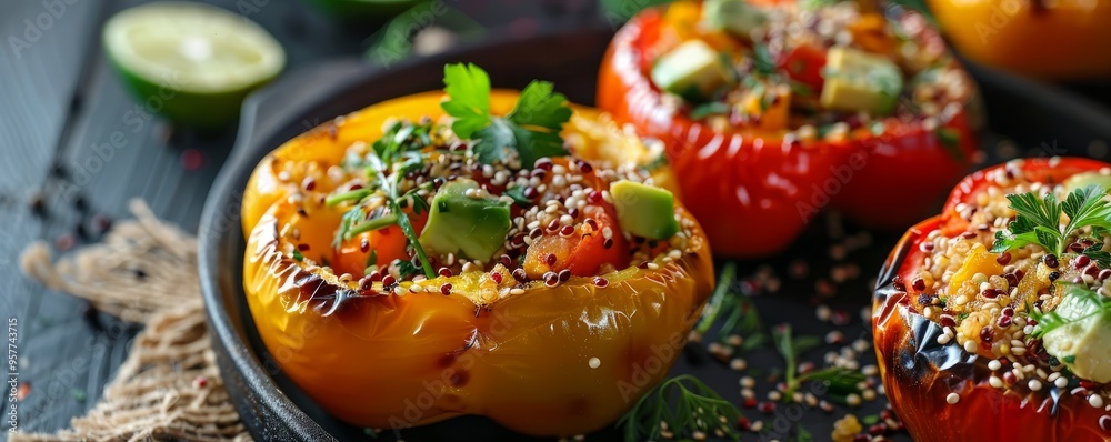 Fototapeta premium Quinoa-stuffed bell peppers with avocado, 4K hyperrealistic photo