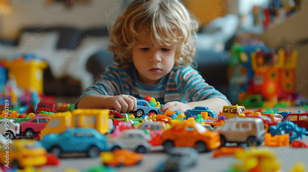 Cute toddler child, blond boy, playing with colofrul plastic blocks, construction toys, making cars and planes Cute toddler child, blond boy, playing with colofrul plastic blocks, construction toys, making cars and planes