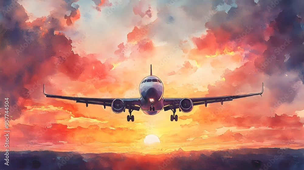 The golden hour captured in watercolor as a plane flies through a vibrant sunset, the sky glowing in shades of orange and pink The golden hour captured in watercolor as a plane flies through a vibrant sunset, the sky glowing in shades of orange and pink