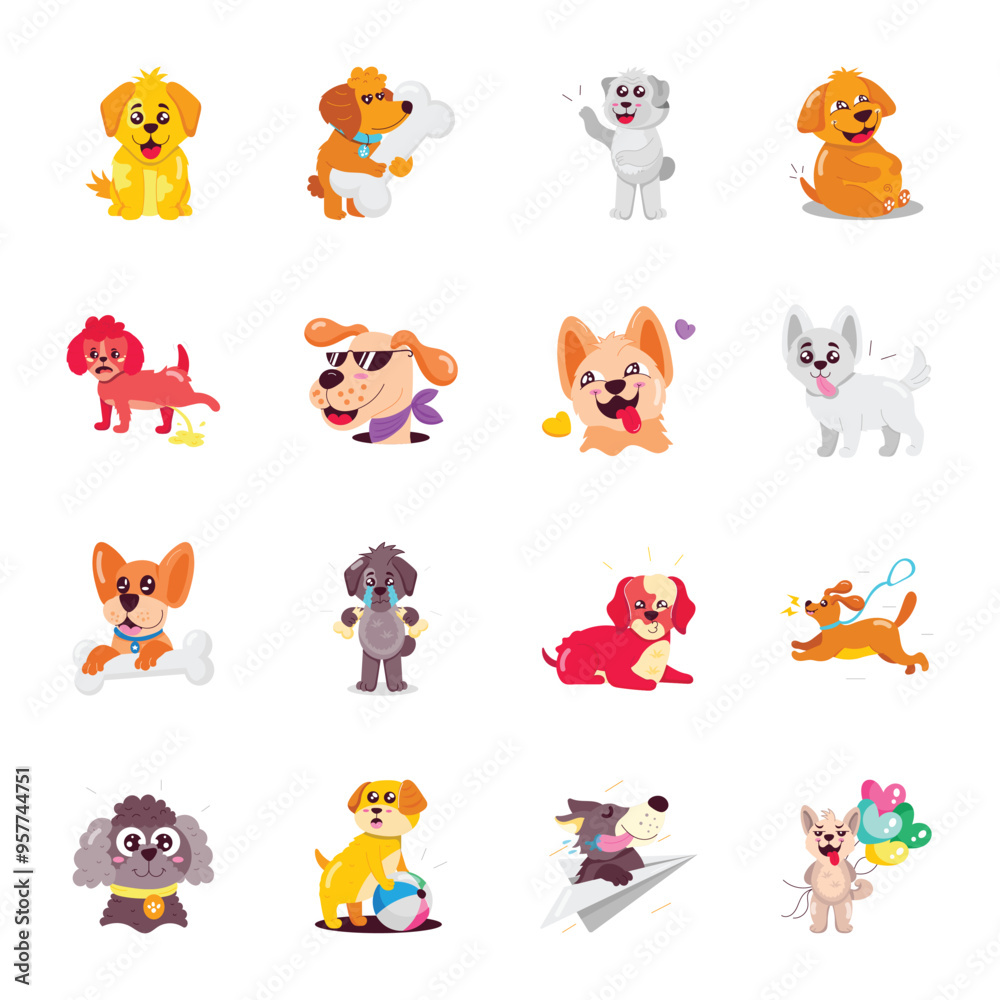 Obraz premium BasiPack of Cute Dog Flat Stickersc RGB