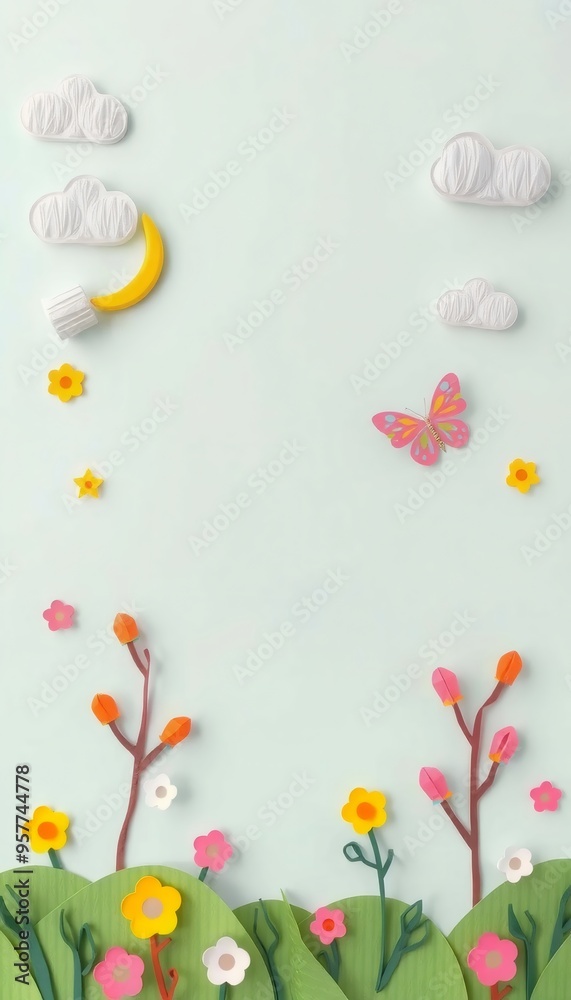 Paper craft spring scene with flowers, butterflies, clouds, stars, and moon on a light blue background. Paper craft spring scene with flowers, butterflies, clouds, stars, and moon on a light blue background.