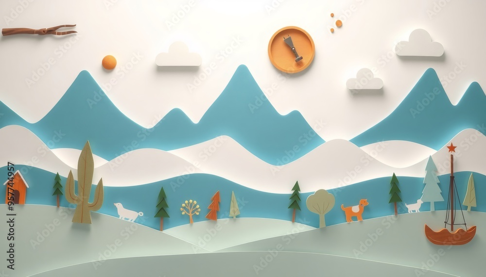 Paper cut out of a landscape with mountains, trees, a house, a dog, and a boat.