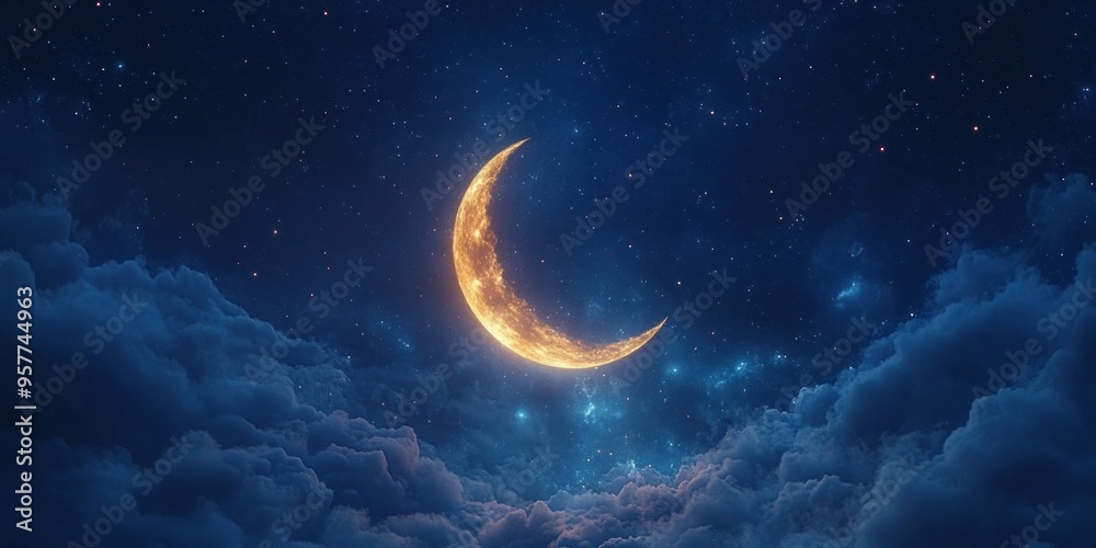 A Crescent Moon Glowing Brightly in a Night Sky Filled With Stars and Clouds A Crescent Moon Glowing Brightly in a Night Sky Filled With Stars and Clouds