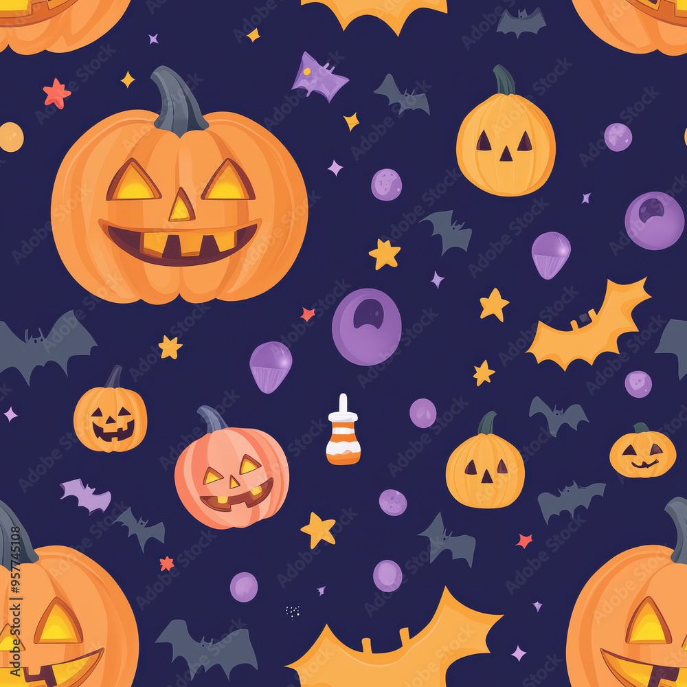 Cute illustration of jack-o'-lanterns, bats, and Halloween treats on a dark background Cute illustration of jack-o'-lanterns, bats, and Halloween treats on a dark background