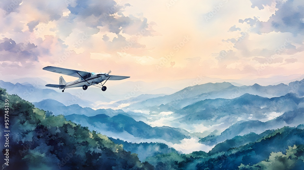 A serene watercolor painting of a small plane gliding over a lush, green mountain range, the scene softened by pastel skies and gentle cloud formations A serene watercolor painting of a small plane gliding over a lush, green mountain range, the scene softened by pastel skies and gentle cloud formations