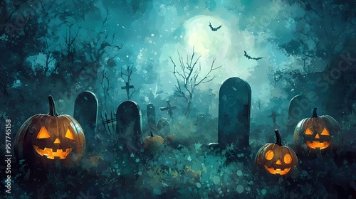 Artistic painting concept of Halloween background with pumpkins in a spooky graveyard at night, Natural color, digital art style, illustration painting