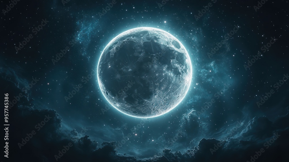 Fototapeta premium Full Moon Over Dark, Starry Clouds