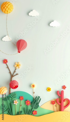 Paper craft landscape with a hot air balloon, clouds and flowers.