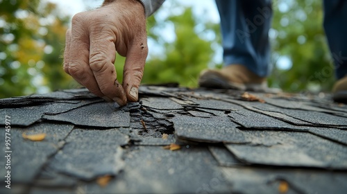 Image of a contractor inspecting a shingle roof with visible hail damage, focusing on the cracks and dents.