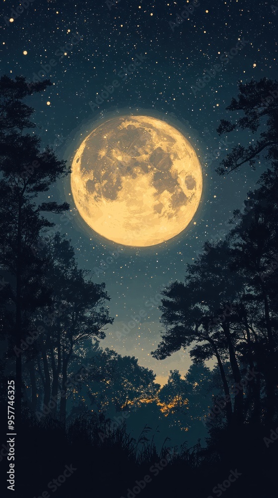 Full Moon Shining over a Forest at Night Full Moon Shining over a Forest at Night