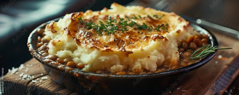 Lentil shepherd's pie with mashed potatoes, 4K hyperrealistic photo Lentil shepherd's pie with mashed potatoes, 4K hyperrealistic photo