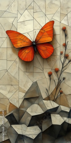 Illustration of an orange butterfly on a geometric background with stylized rocks and flowers