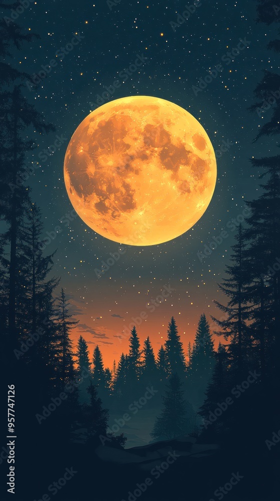 A Large Orange Moon Above a Silhouetted Forest Under a Starry Night Sky A Large Orange Moon Above a Silhouetted Forest Under a Starry Night Sky