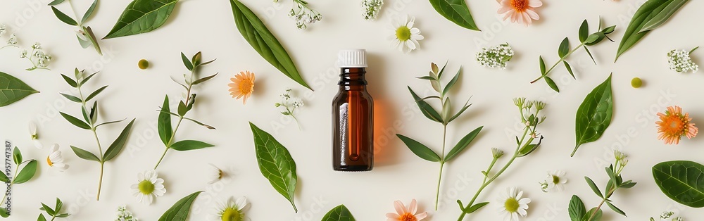 Natural Essential Oils And Green Leaves On White Background. Natural Essential Oils And Green Leaves On White Background.