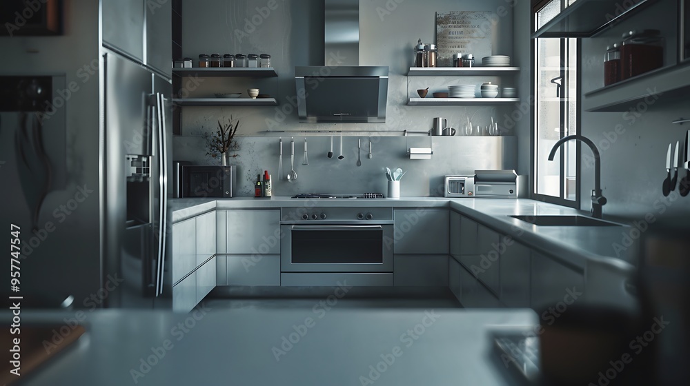 A modern kitchen interior with sleek cabinetry, stainless steel appliances, and a spacious layout, captured in realistic HD detail A modern kitchen interior with sleek cabinetry, stainless steel appliances, and a spacious layout, captured in realistic HD detail