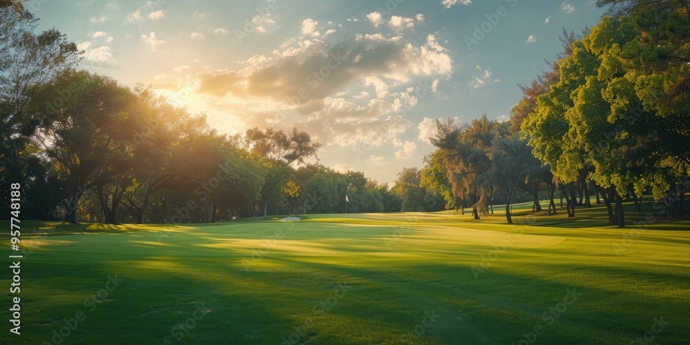 Golf course with clouds in the sky surrounded by lush trees and green grass Golf course with clouds in the sky surrounded by lush trees and green grass