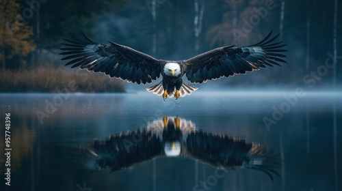 Bald Eagle Soaring Over a Misty Lake photo