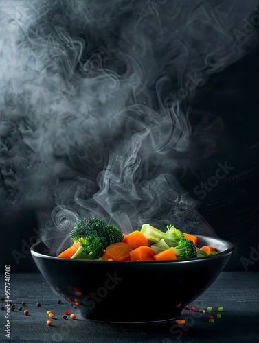 The steam from the vegetables carrot broccoli Cauliflower in a black bowl, a steaming. Boiled hot Healthy food on table on black background,hot food and healthy meal concept, with generative ai