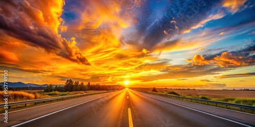 Vibrant sunset casting golden light on a highway , sunset, highway, road, dusk, evening, transportation, travel