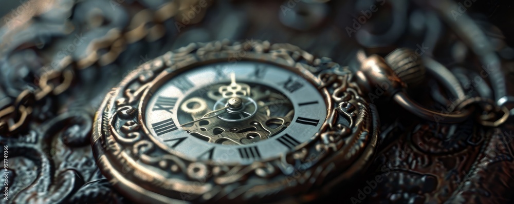 Old-fashioned pocket watch on a chain, 4K hyperrealistic photo Old-fashioned pocket watch on a chain, 4K hyperrealistic photo
