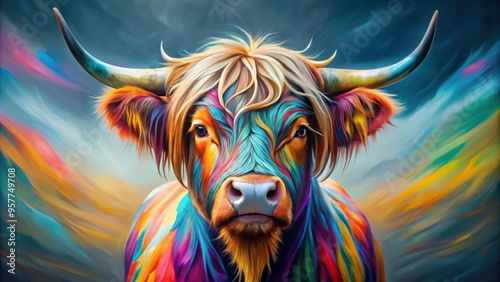 Abstract art style Scottish Highland cow with colorful horns , art, abstract, style, Scottish, Highland, cow, colorful, horns