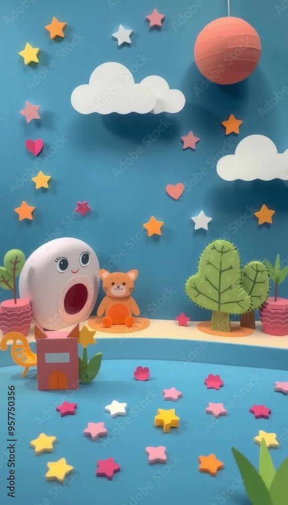 Colorful Paper Cutout Scene with Stars, Clouds, and Animals. Colorful Paper Cutout Scene with Stars, Clouds, and Animals.