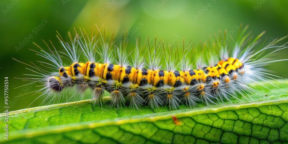 Hairy pine processionary caterpillar with distinct yellow stripe on green leaf, caterpillar, insect, hairy Hairy pine processionary caterpillar with distinct yellow stripe on green leaf, caterpillar, insect, hairy