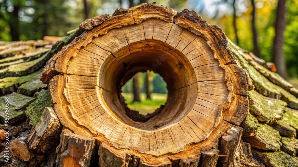 Fototapeta premium Chopped tree trunk with hollow center background, tree, wood, nature, hole, texture, rough, natural, tree rings