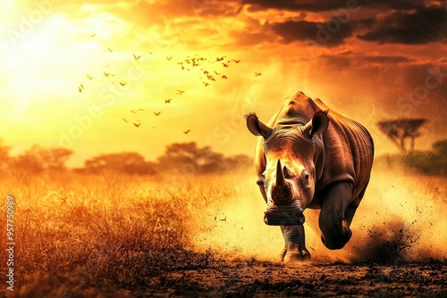 A powerful rhinoceros charging through golden grasslands at sunset. A stunning wildlife moment captured in nature's beauty. photo